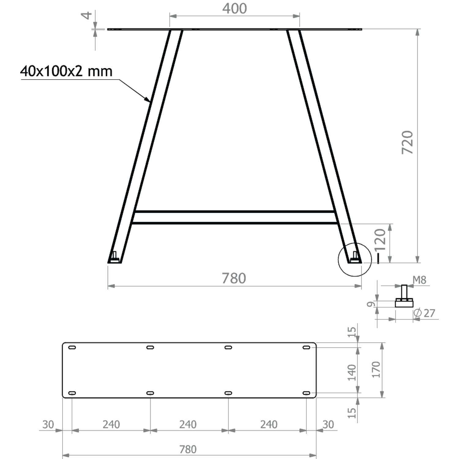 Piètement A 40x100 noir mat