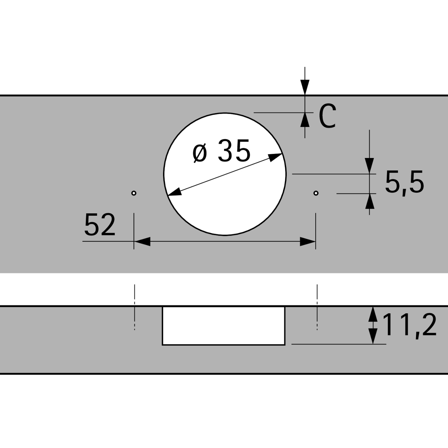 Intermat scharnier voor hoekkastvouwdeuren veerloos (Intermat 9930), opliggend, Openingshoek 50° / 65°, TH-boorbeeld 52 x 5,5 mm, voor schroefbevestiging (-)
