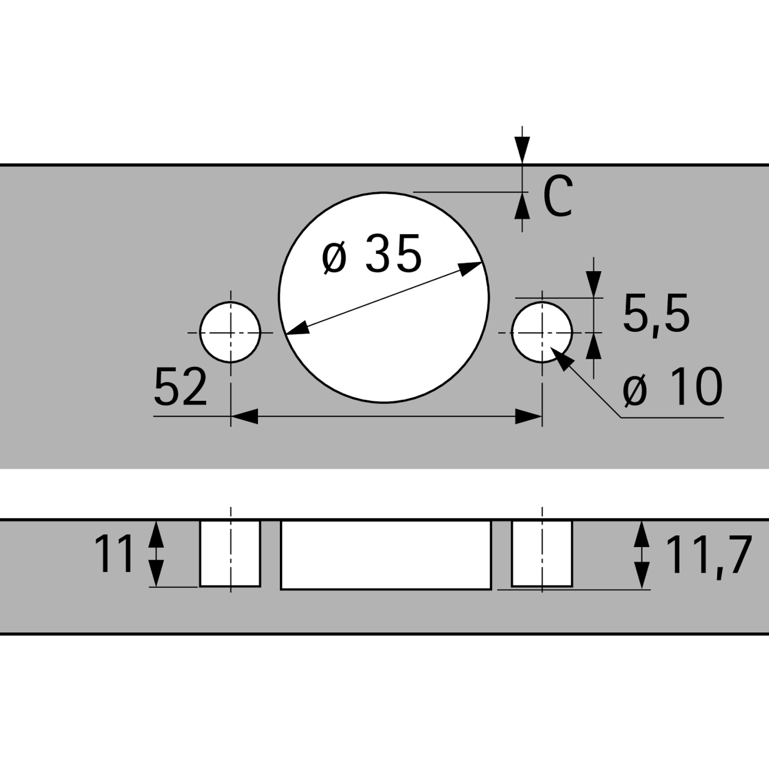 Charnière Intermat 110° (Intermat 9943), en applique, Angle d'ouverture  110°, TH-schéma de perçage 52 x 5,5 mm, à enfoncer (ø 10 x 11)