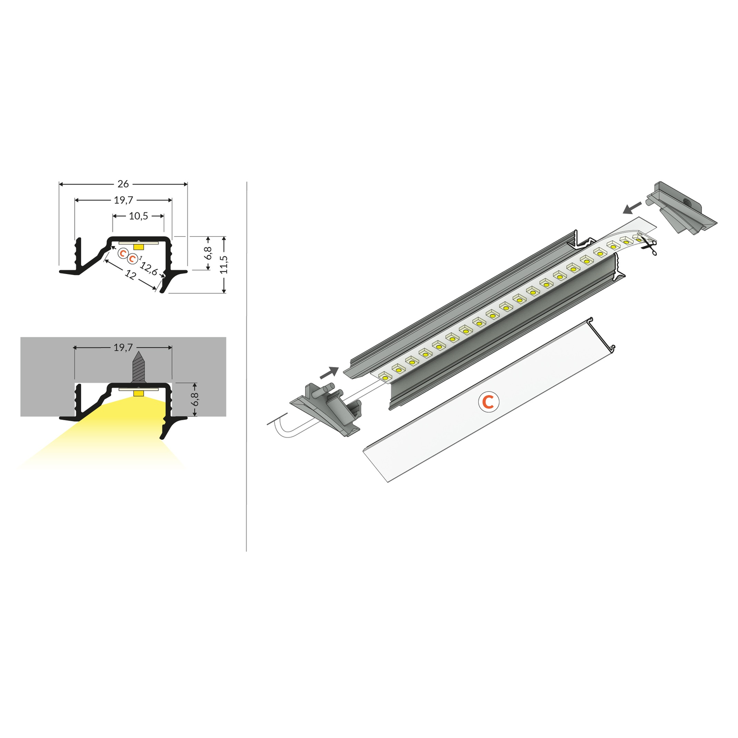 Profilé Led diagonal10 C 3000 anodisé 