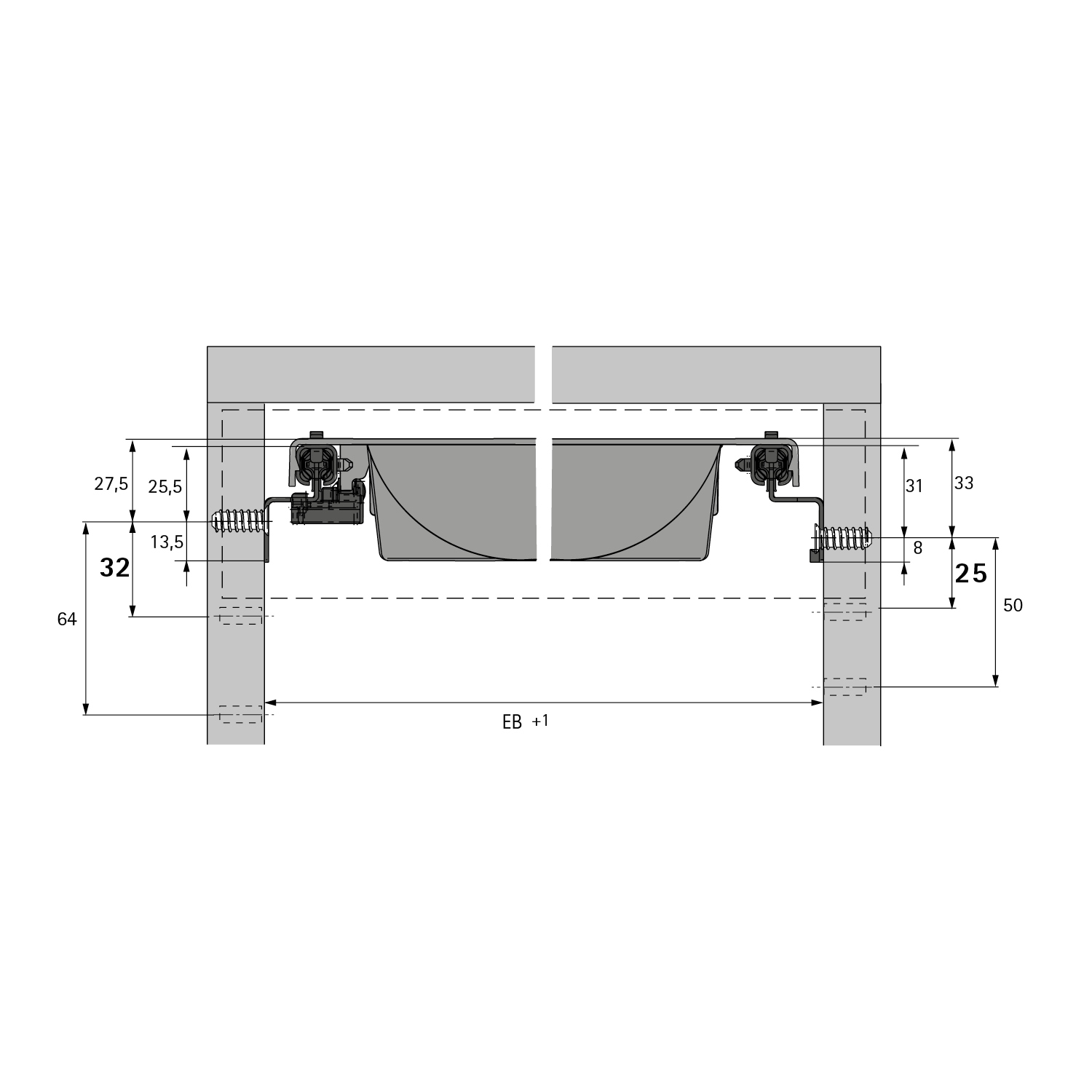 Coulisses pour tiroirs Quadro 12, Silent System,  EB 292 mm / 392 mm, 510 mm, à gauche et à droite