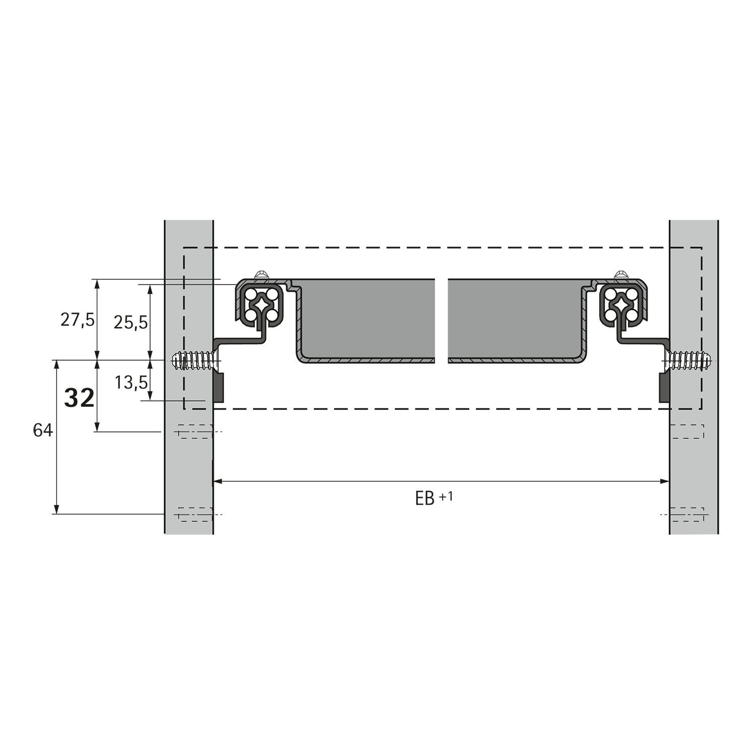 Coulisses pour tiroirs Quadro 12, Dispositif de maintien en position fermée,  EB 292 mm / 392 mm, 510 mm, à gauche et à droite