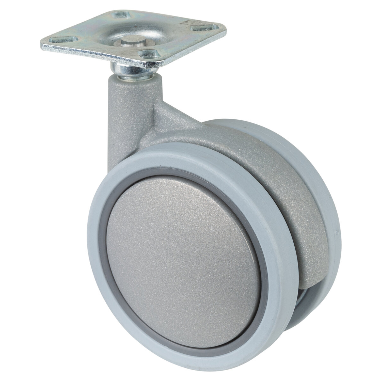 Dubbel wiel kunststof d.75mm zilvergrijs met plaat