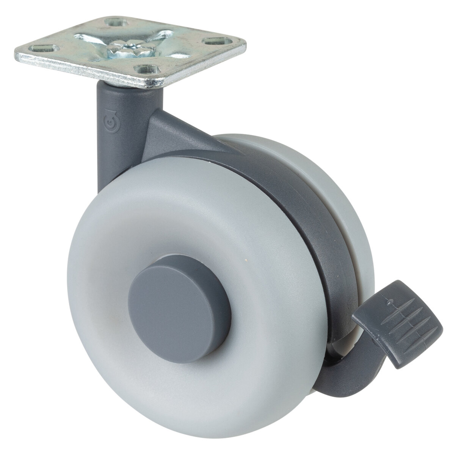 Roulette double plast.d.75mm+frein gris  avec plaque