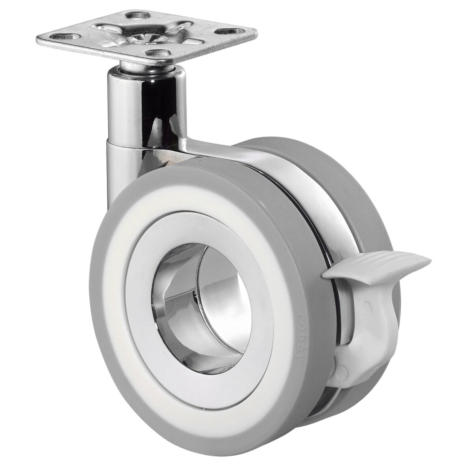 Zwenkwiel+rem d.75 h.103 50kg chr.-grijs/wit design dubbel wiel