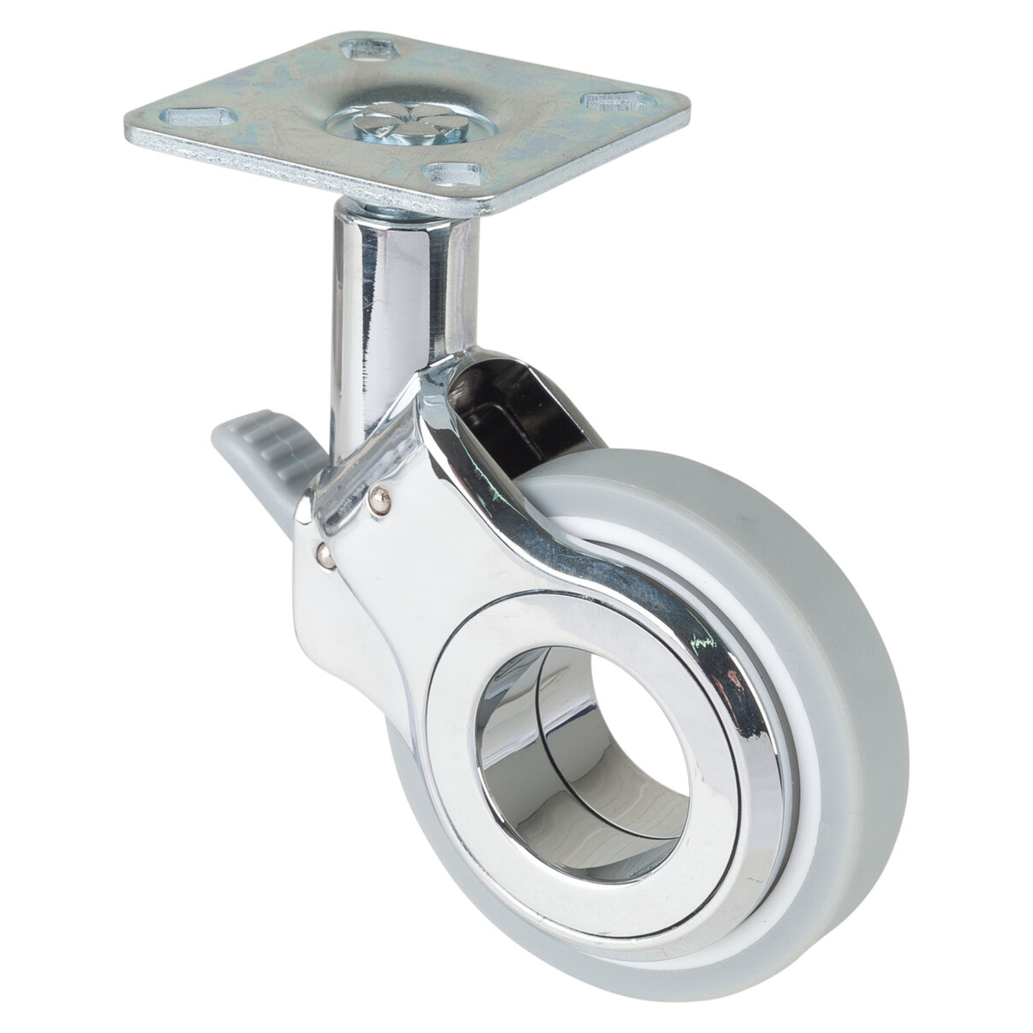Zwenkwiel+rem d.60 h.95 50kg chr.-grijs/wit design enkel wiel