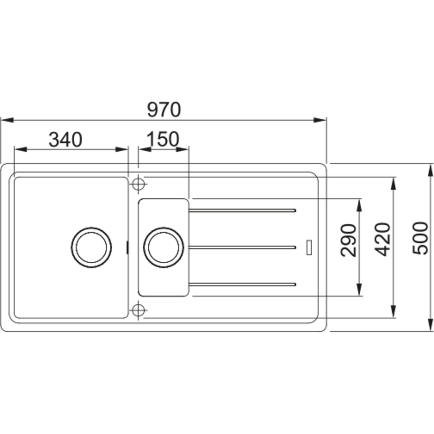 Basis - Evier à encastrer / 970 x 500 mm / 1+1/2 bassin / Noir Mat / Réversible