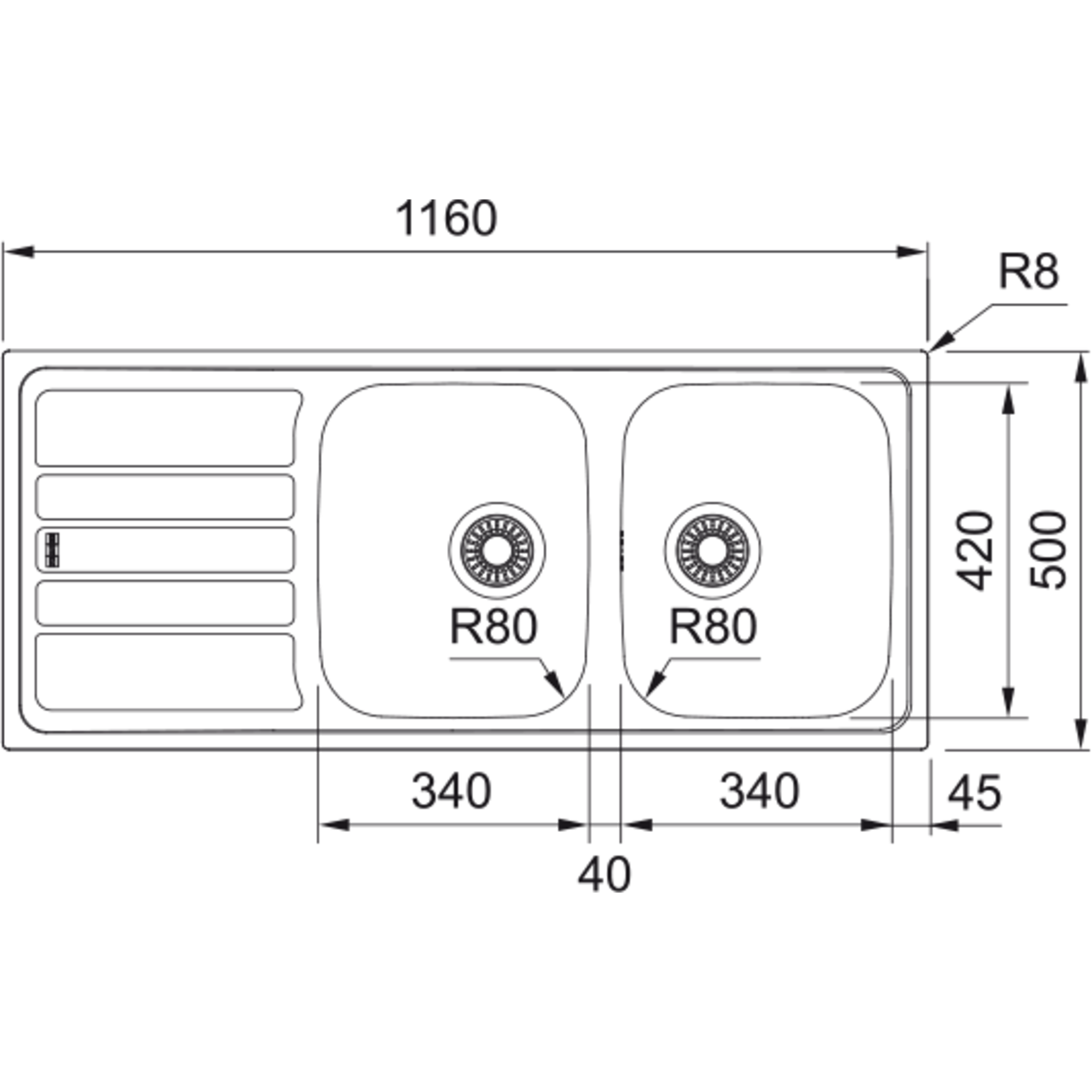 Flash - Inbouwspoeltafel / 1160 x 500 mm / 2 bakken / Glad / Omkeerbaar