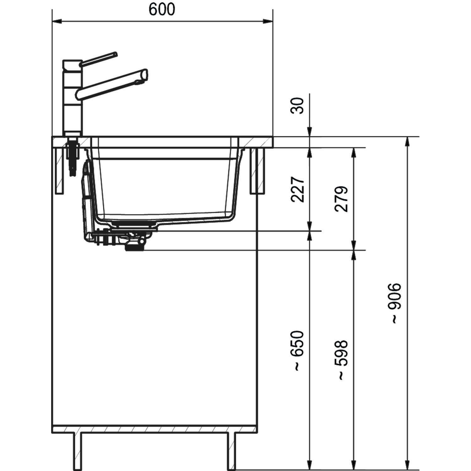Maris - Onderbouwspoeltafel / 553 x 433 mm / 2 bakken / Grote bak rechts / Zwart Mat