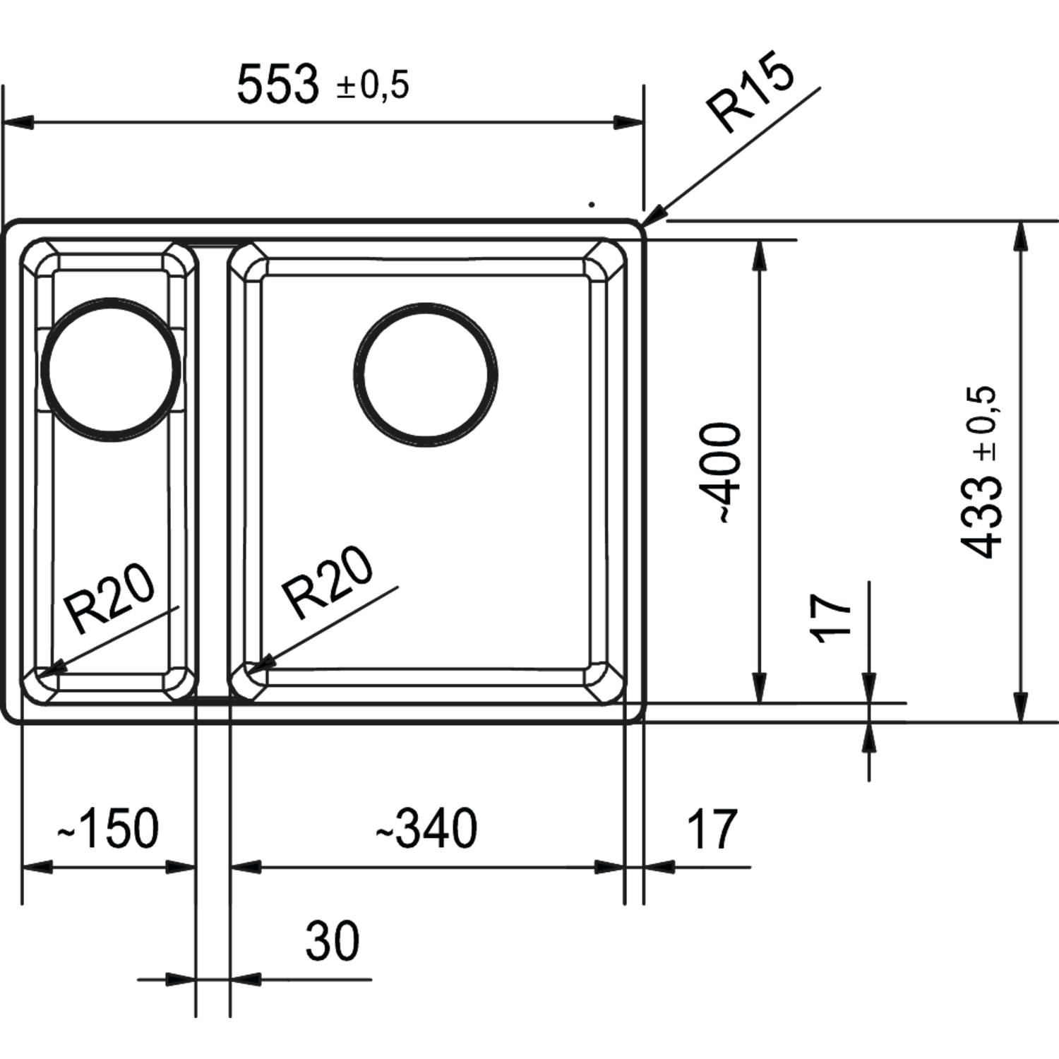Maris - Vlakbouwspoeltafel / 553 x 433 mm / 2 bakken / Grote bak rechts / Zwart Mat