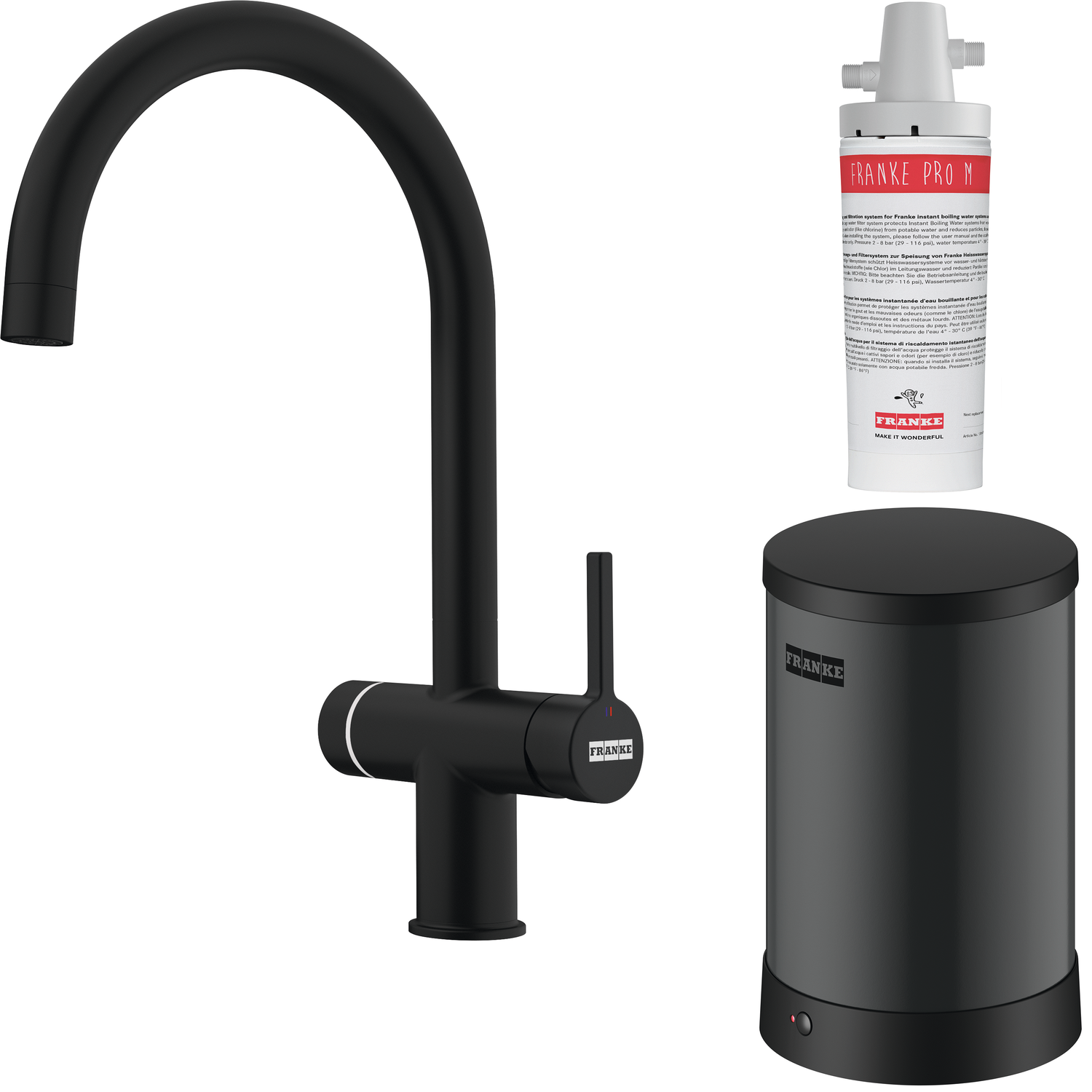 Maris Water Hub - Système 3 en 1 à bec orientable / Levier sur le côté / Noir mat / Bouilloire 4 litres