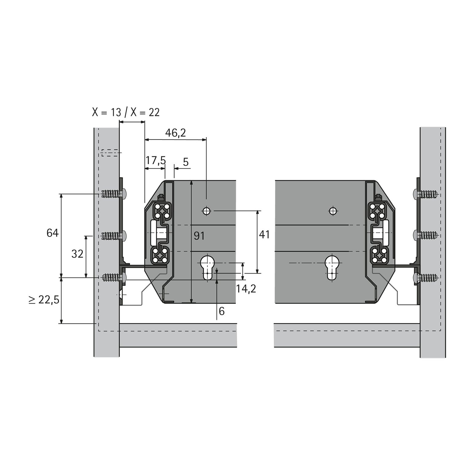 Ladegeleiders Quadro Duplex 60 (set), Silent System compatibel, Push to open compatibel, maat X  = 13mm, 372 mm, links en rechts