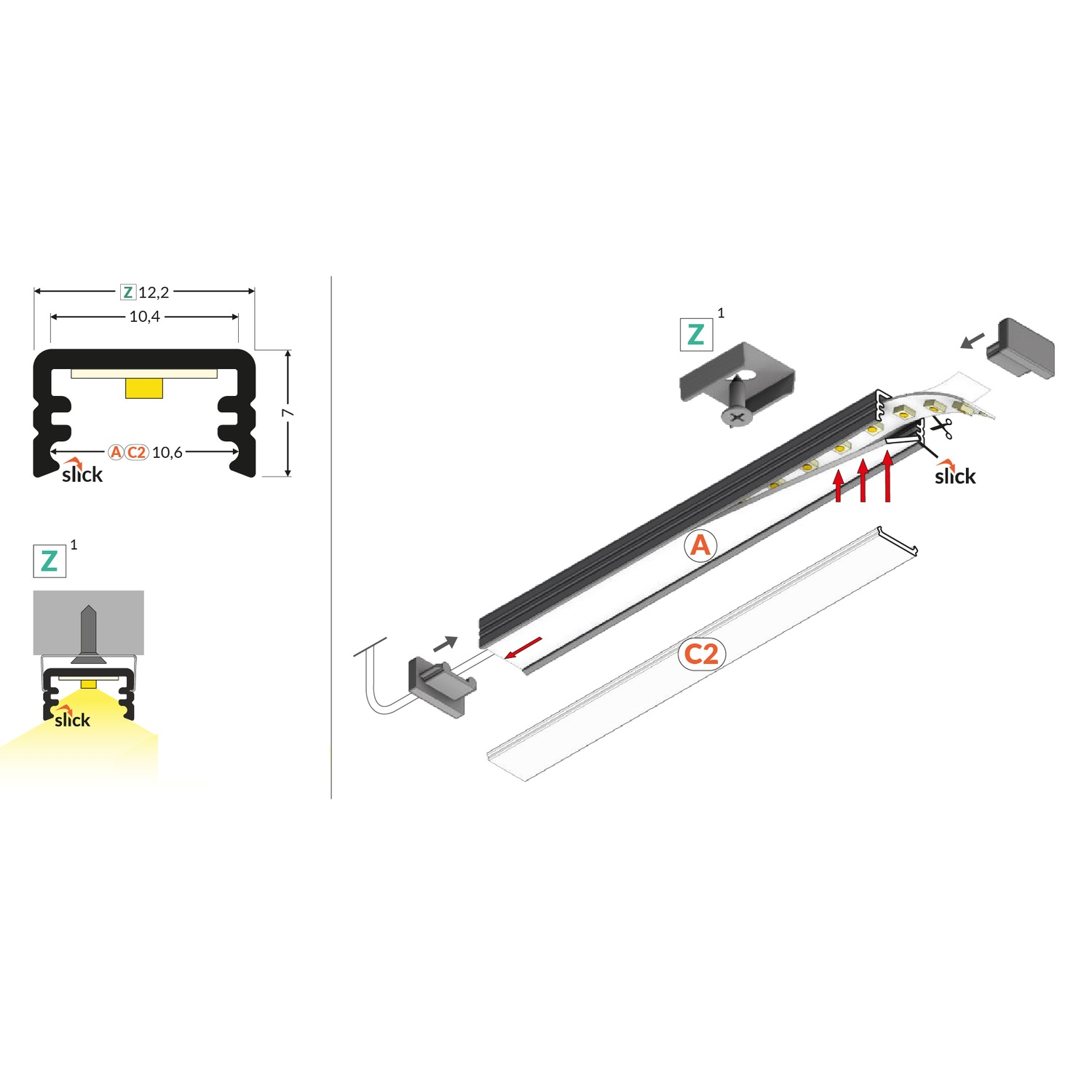 Profilé Led Slim8 ac2 Z 3000 noir anodisé 