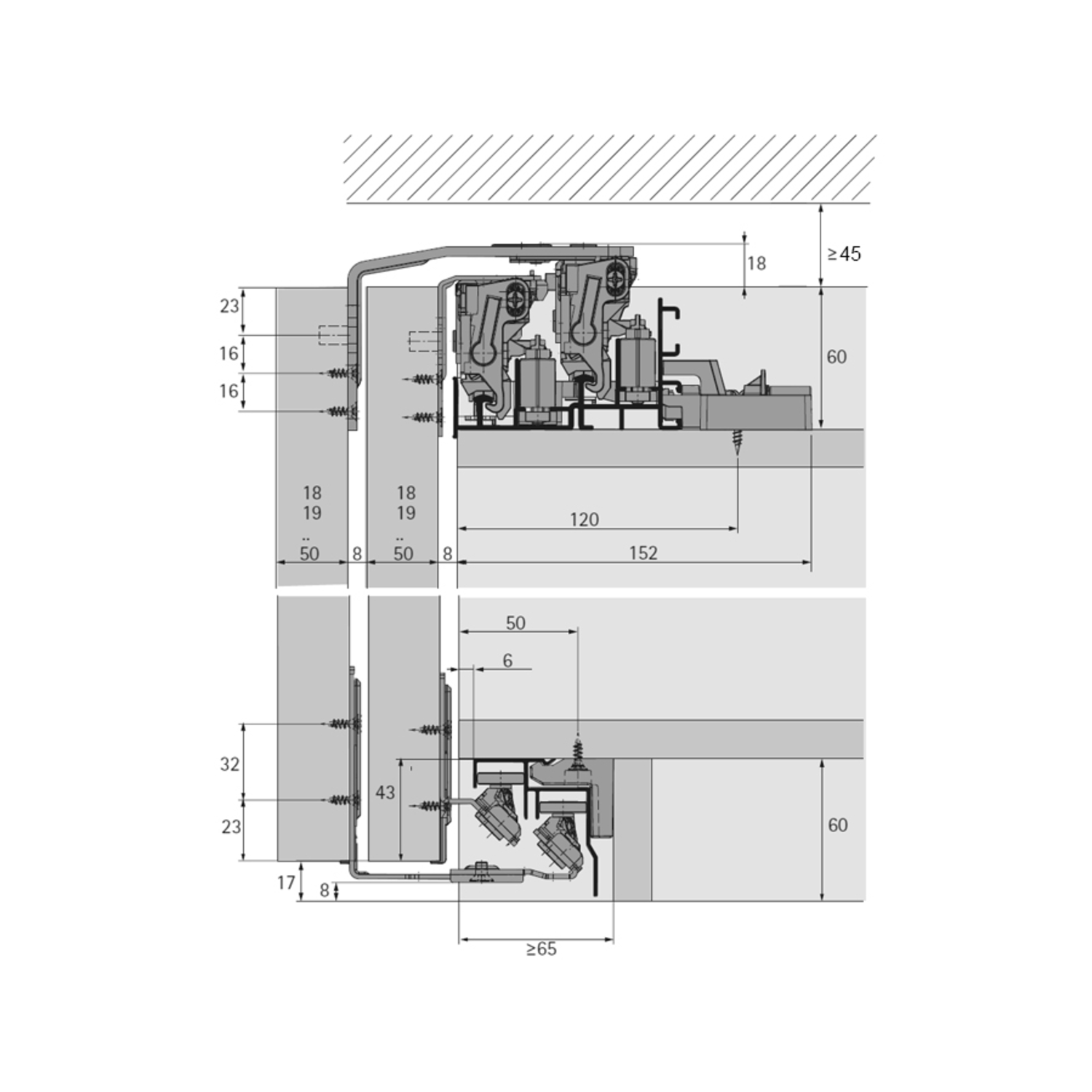 TopLine XL, Kit de pièces de coulissage et de guidage, STB 19, 17 mm,  18 à 30 mm, 60 kg, à 2 portes