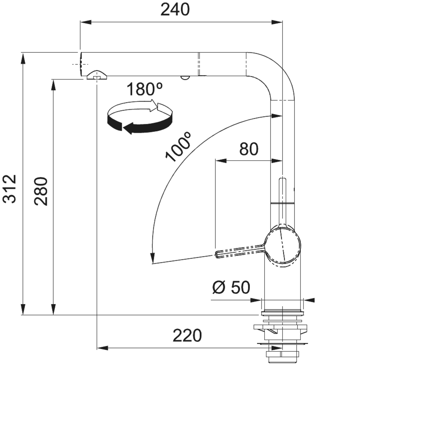 Active L - Eéngreepsmengkraan L met uittrekbare uitloop / Side lever / Zwart Mat