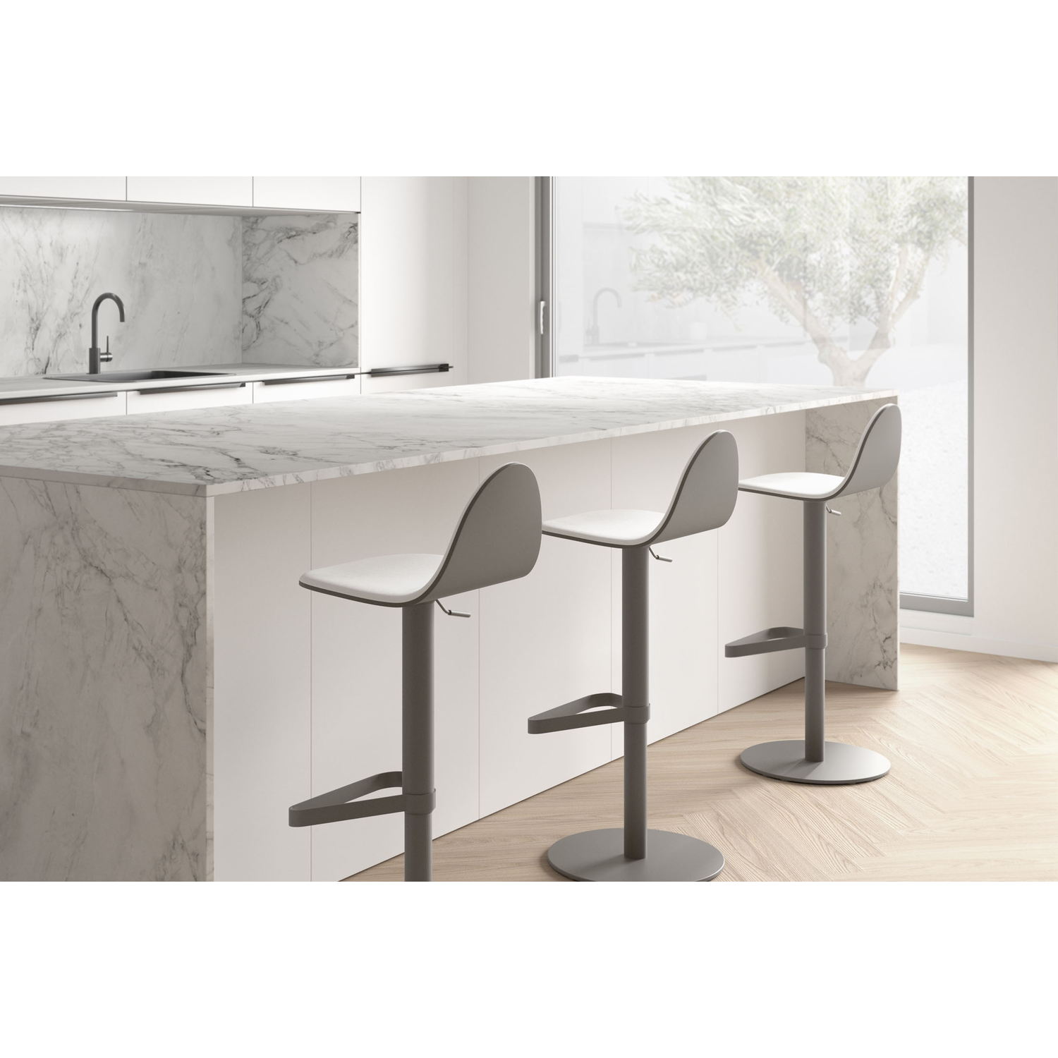 Tabu regelbare kruk rond wit/bekleed mystic taupe