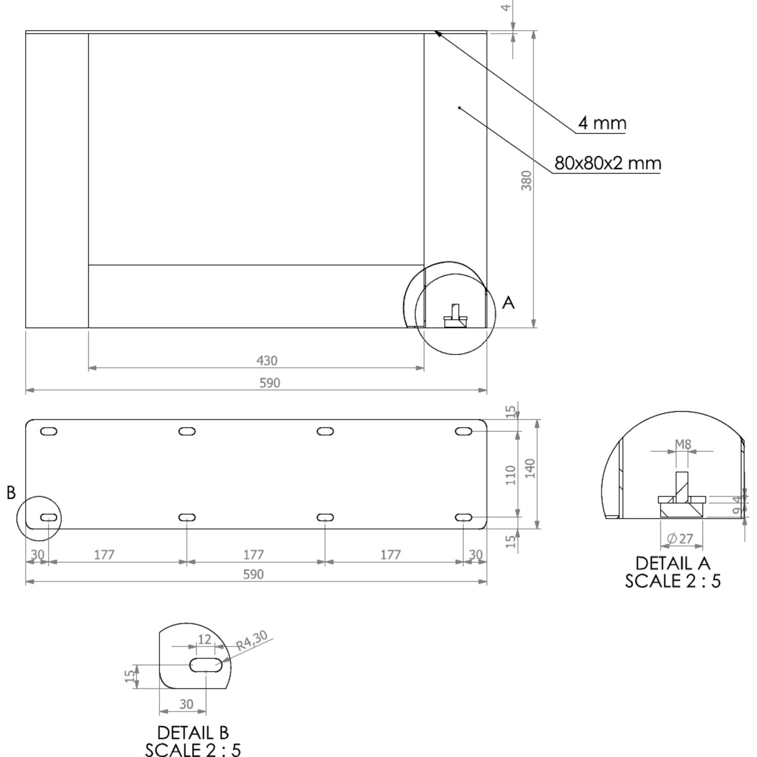 Tafelonderstel u 80x80 mat zwart h.380 x b.590mm