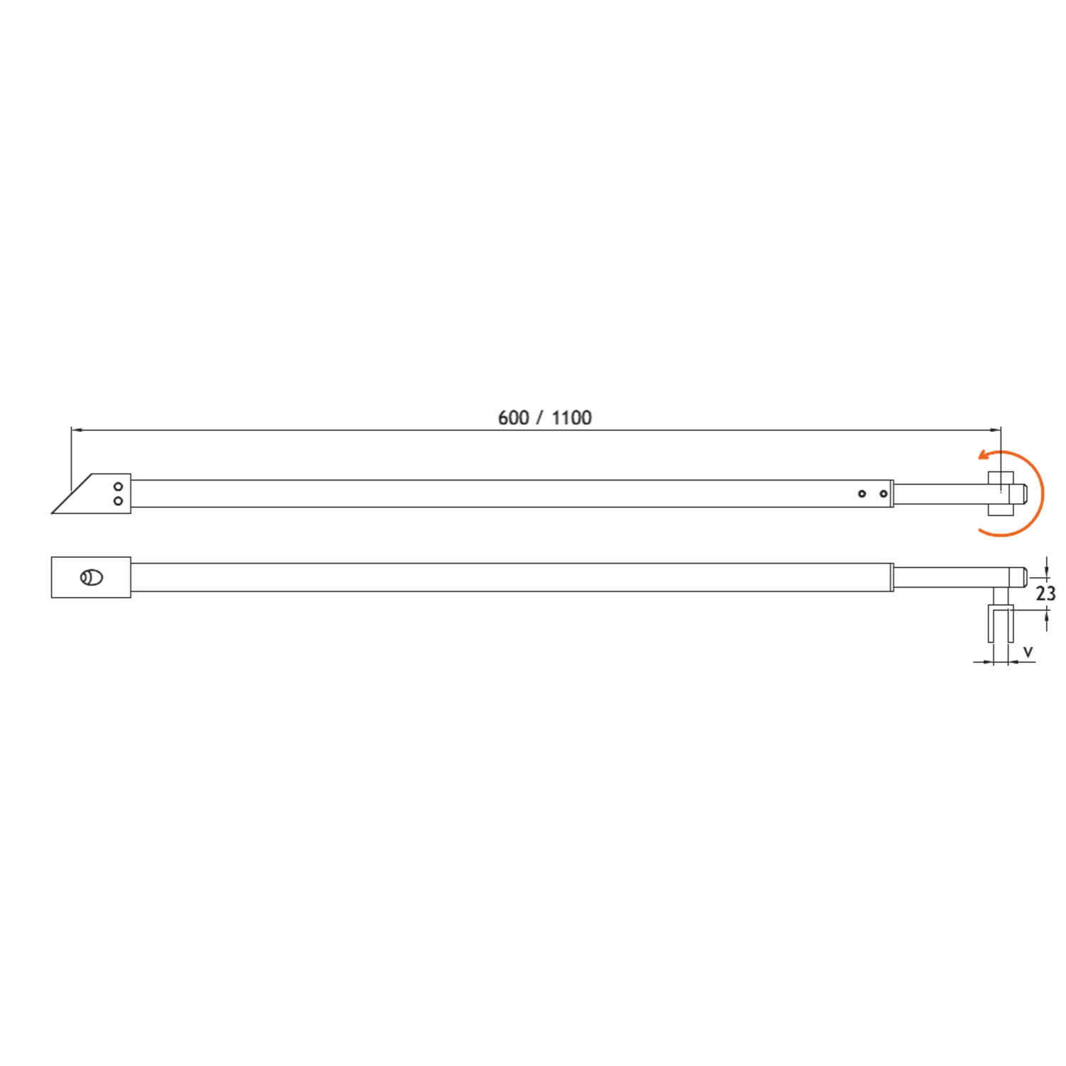 Barre raidisseur mur/verre télescopique à 45°, pour verres 6/8, L608/1108, chromé