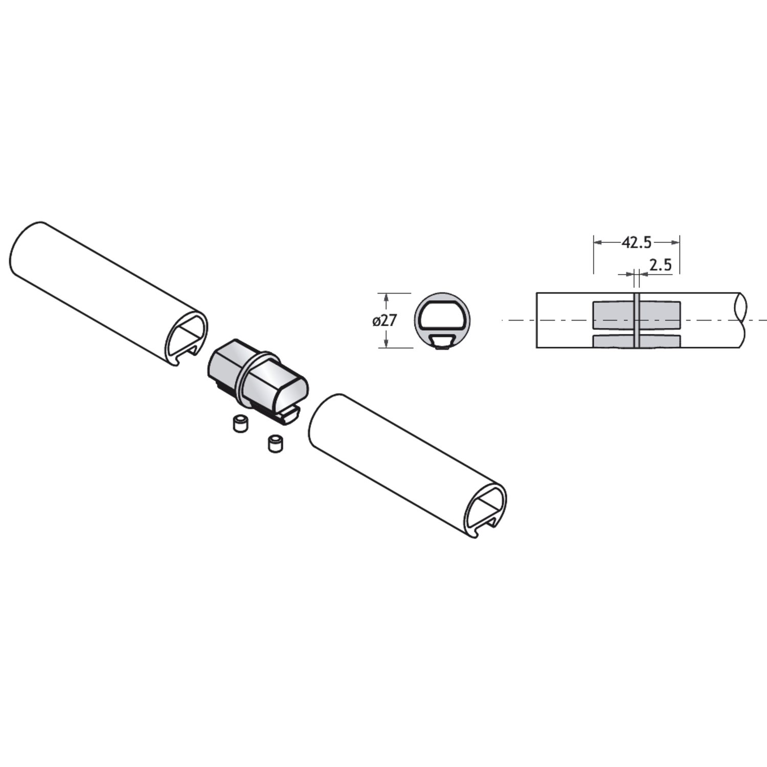Pba 500-alu raccord droit pour tubes 25mm