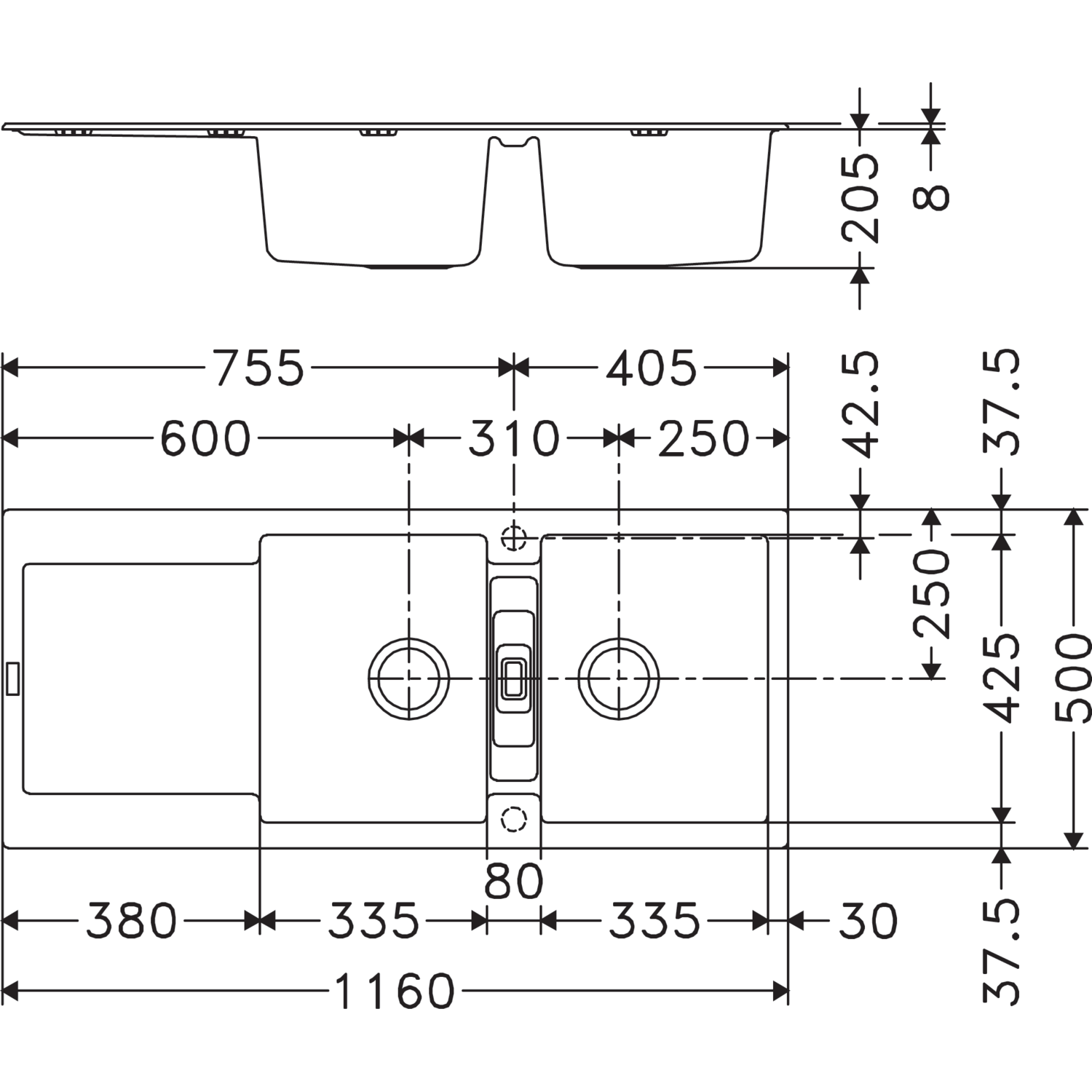 Maris - Inbouwspoeltafel / 1160 x 500 mm / 2 bakken / Metaal wit / Omkeerbaar