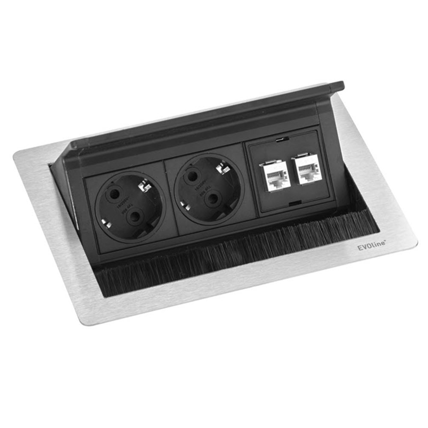 Evoline flip top push data small inox b-f  2 prises + 2 usb