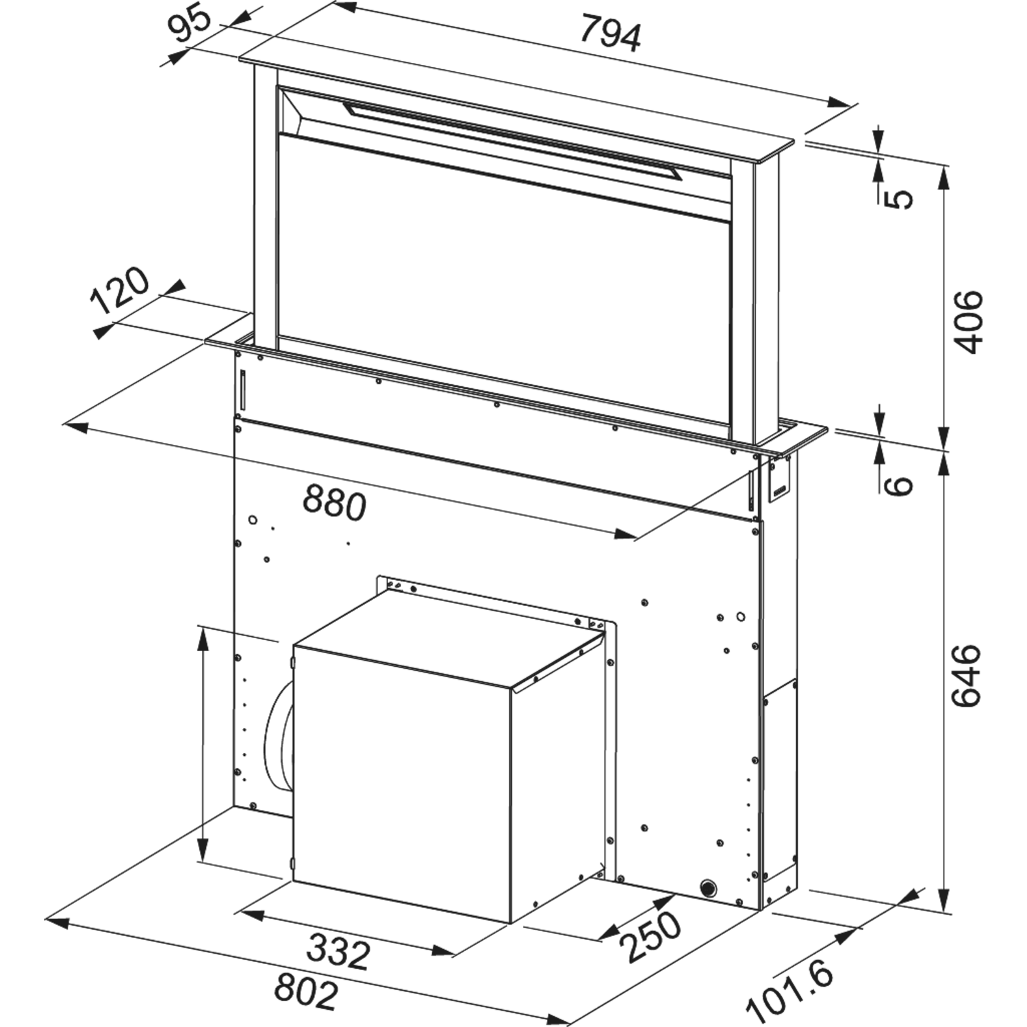 Downdraft - hotte plan de travail / 900  mm/ inox-Verre noir