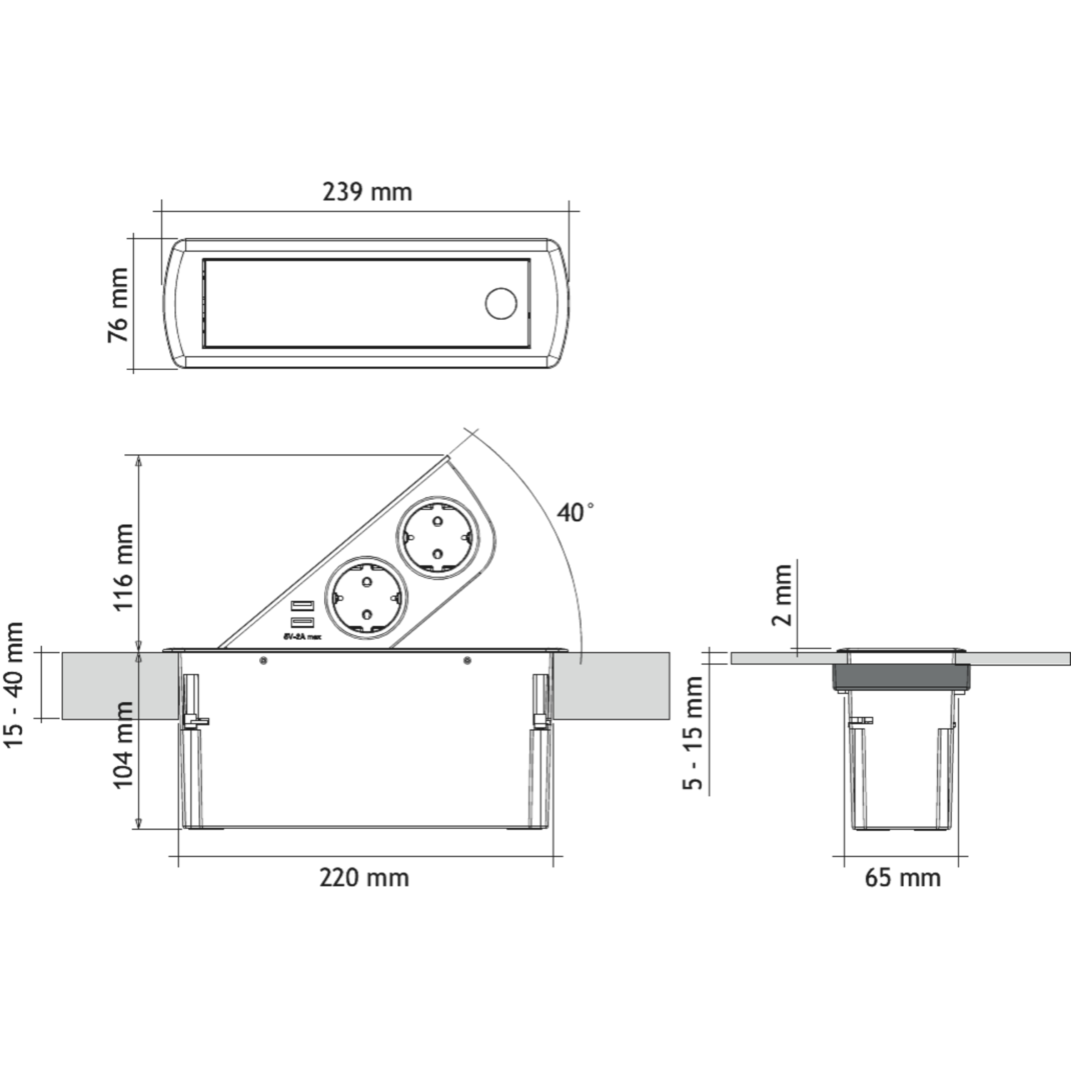 Cizo bloc pop up nl/dl/l 2x16a-2xusb 2a chrome 