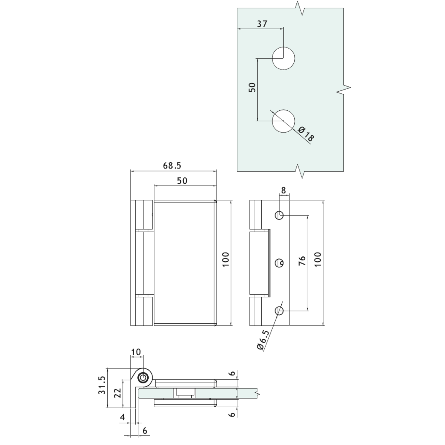 Rechthoekig scharnier wand/glas voor smalle deurposten, voor 8/12 mm glas, B50 H100, mat aluminium