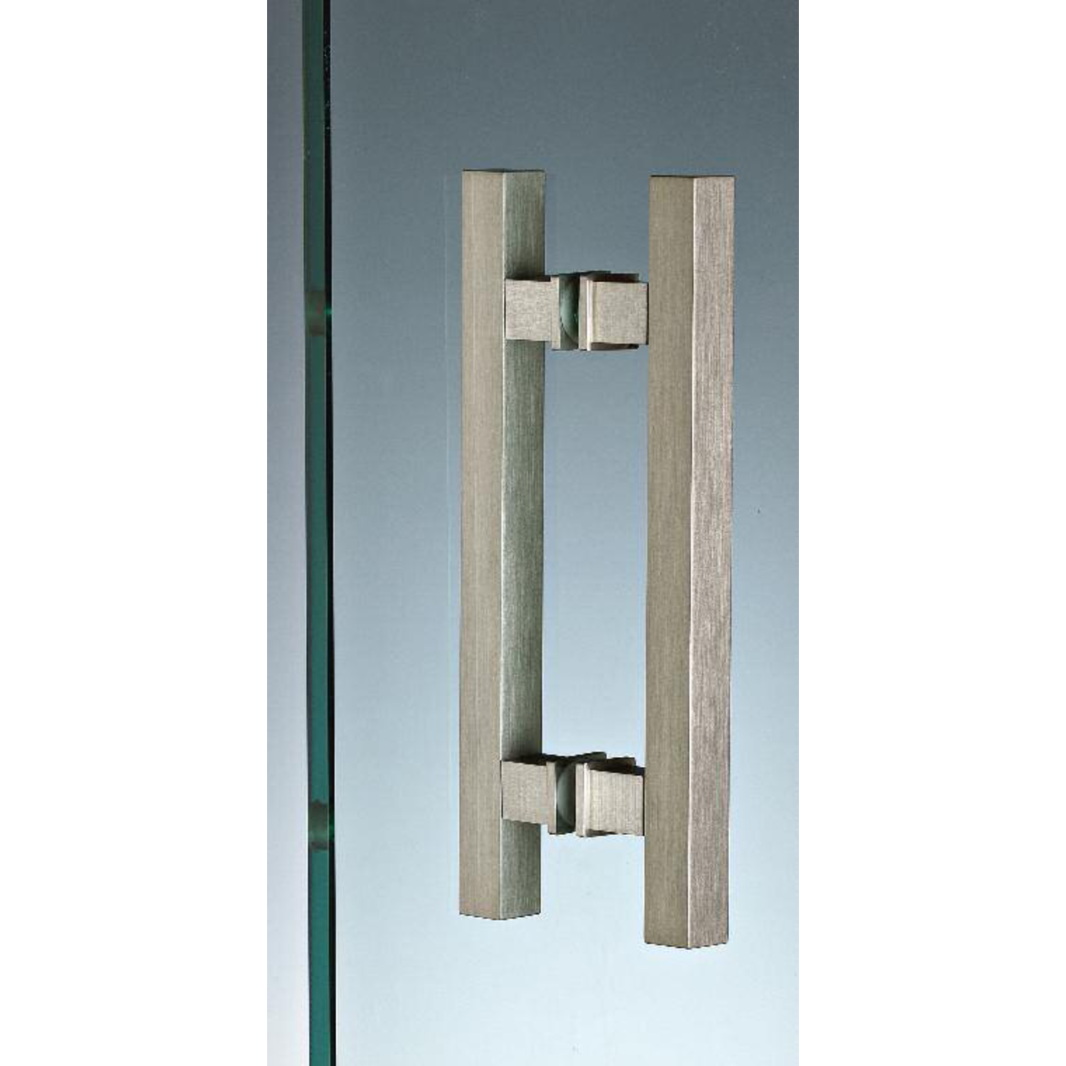 Paar vierkante deurgrepen, voor 6/12 mm glas, B15 H15 L200, aluminium met geborsteld rvs effect