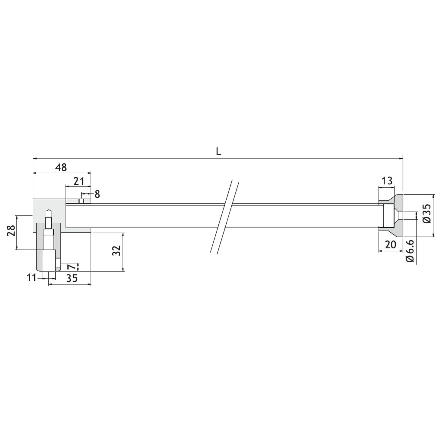 Vaste stabilisatiestang wand/glas, voor 6/10 mm glas, L1320, chroom