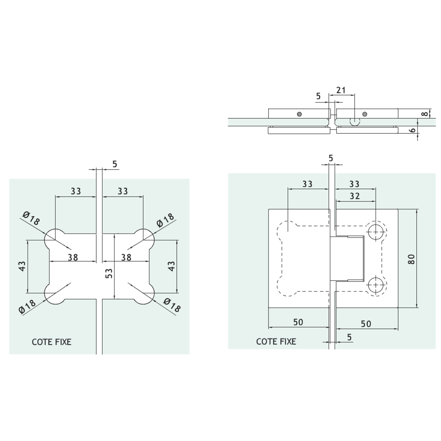 Verstelbare scharnier glas/glas met hoek van 90° zonder zichtbare schroeven, voor 6/8 mm glas, B50 H80, geborsteld rvs effect