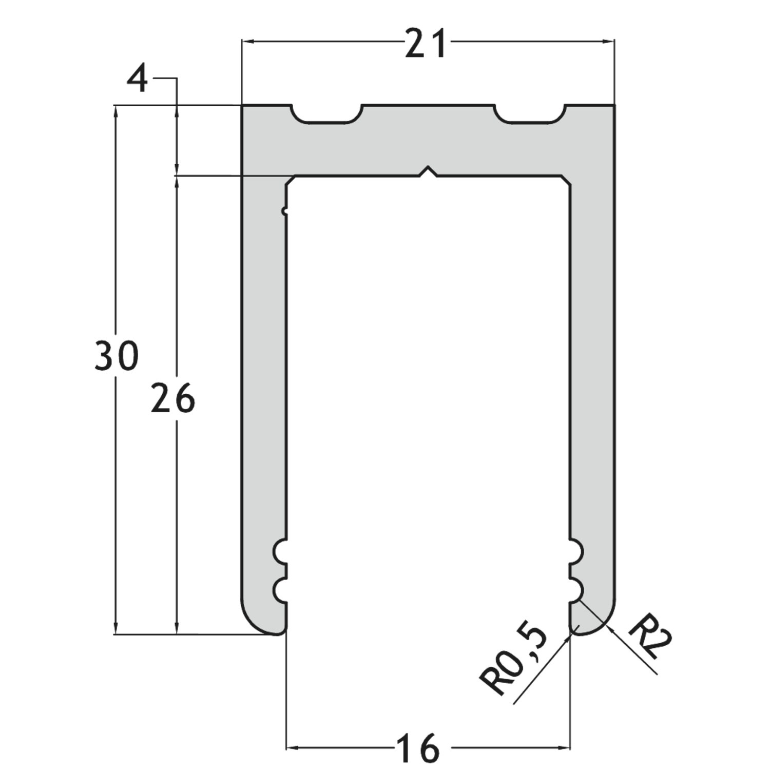 Profil en « U » PROFIX, pour verres 8/13.5, B21 H30 L3000, aluminium brillant