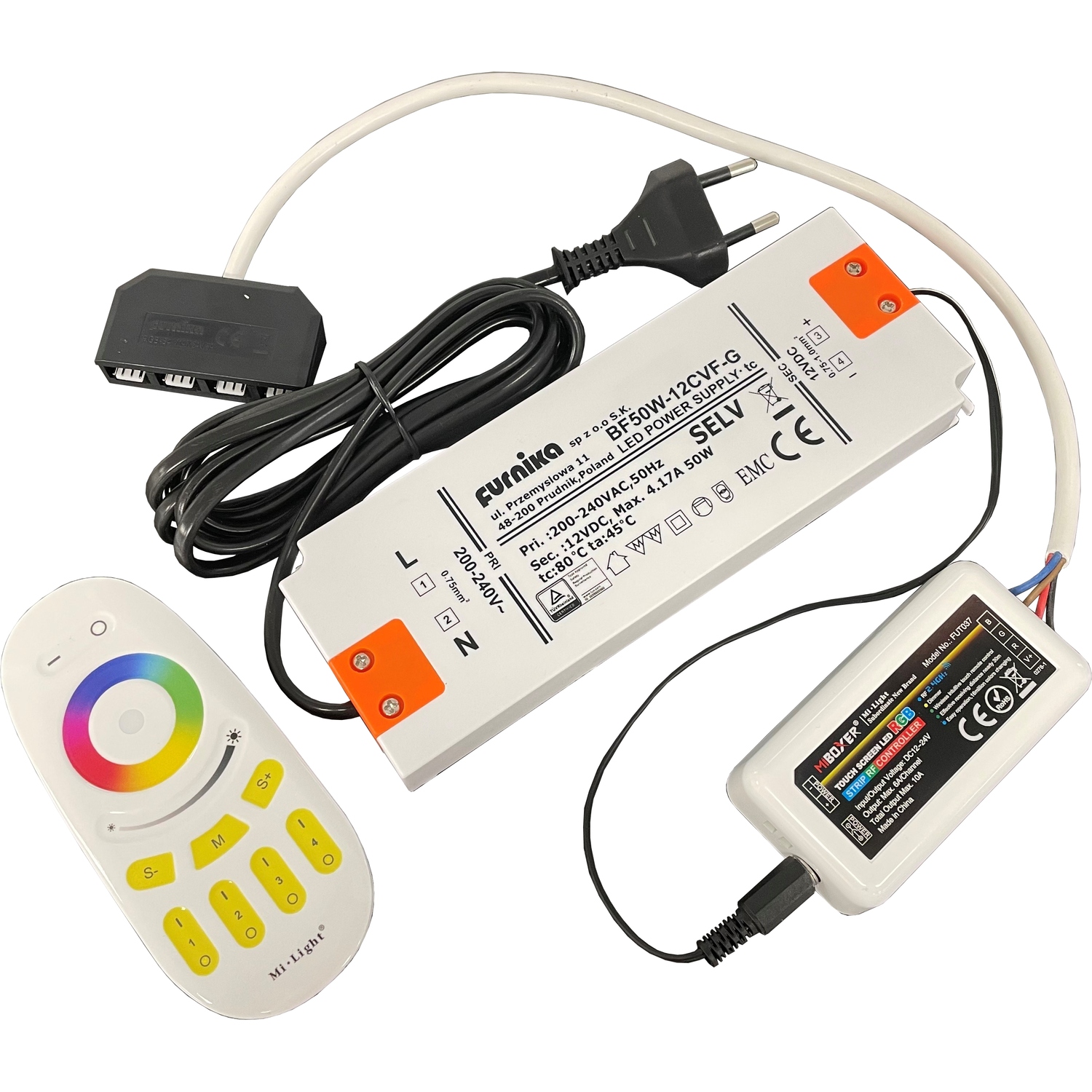 Led RGB transfo 50W+radiocontr. nieuw+4x verdeler*