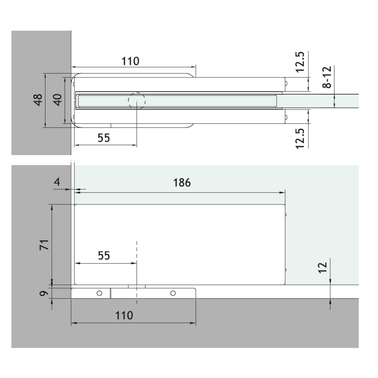 Kit penture pivotante oléohydraulique, pour verres 8/12, inox brillant