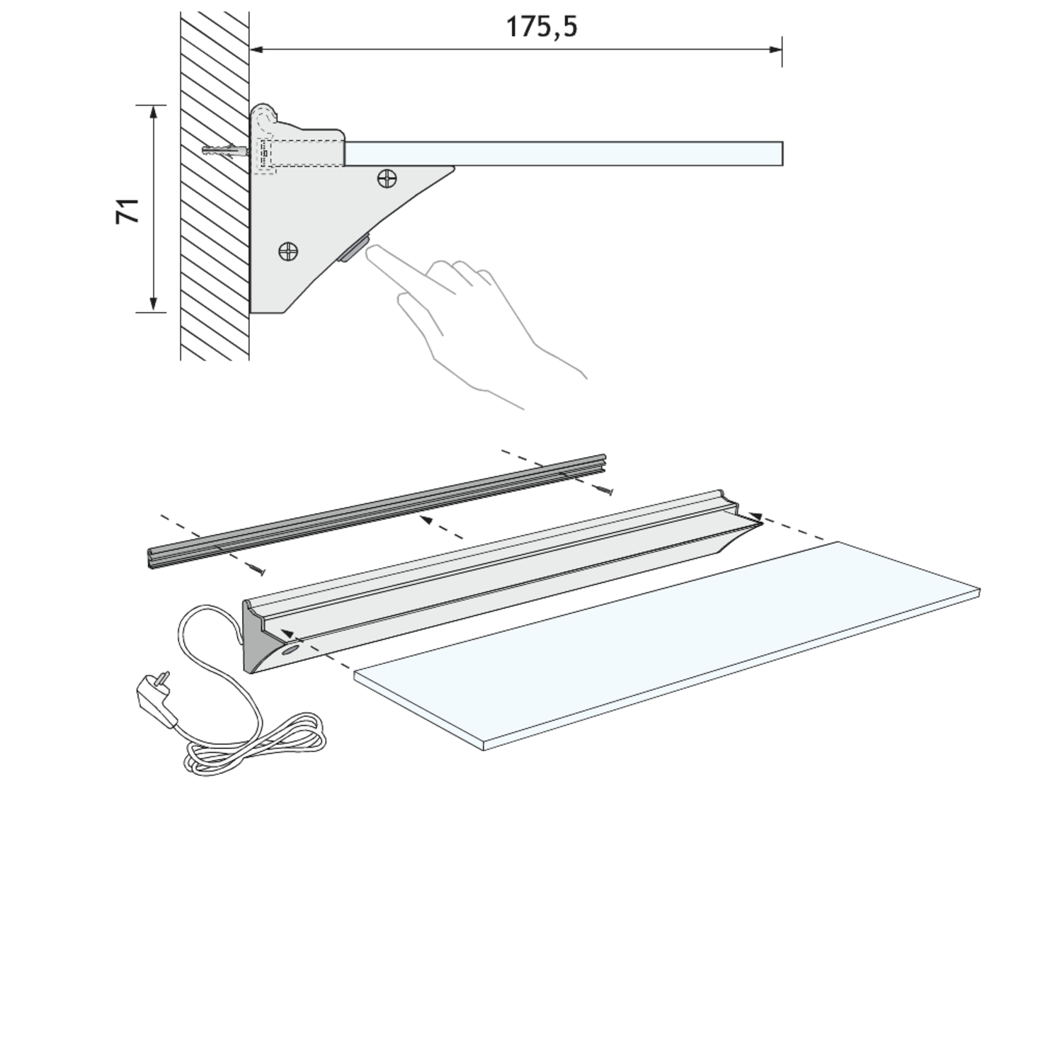 Mono teo led tablette verre 600mm 3W 230V 4000K 