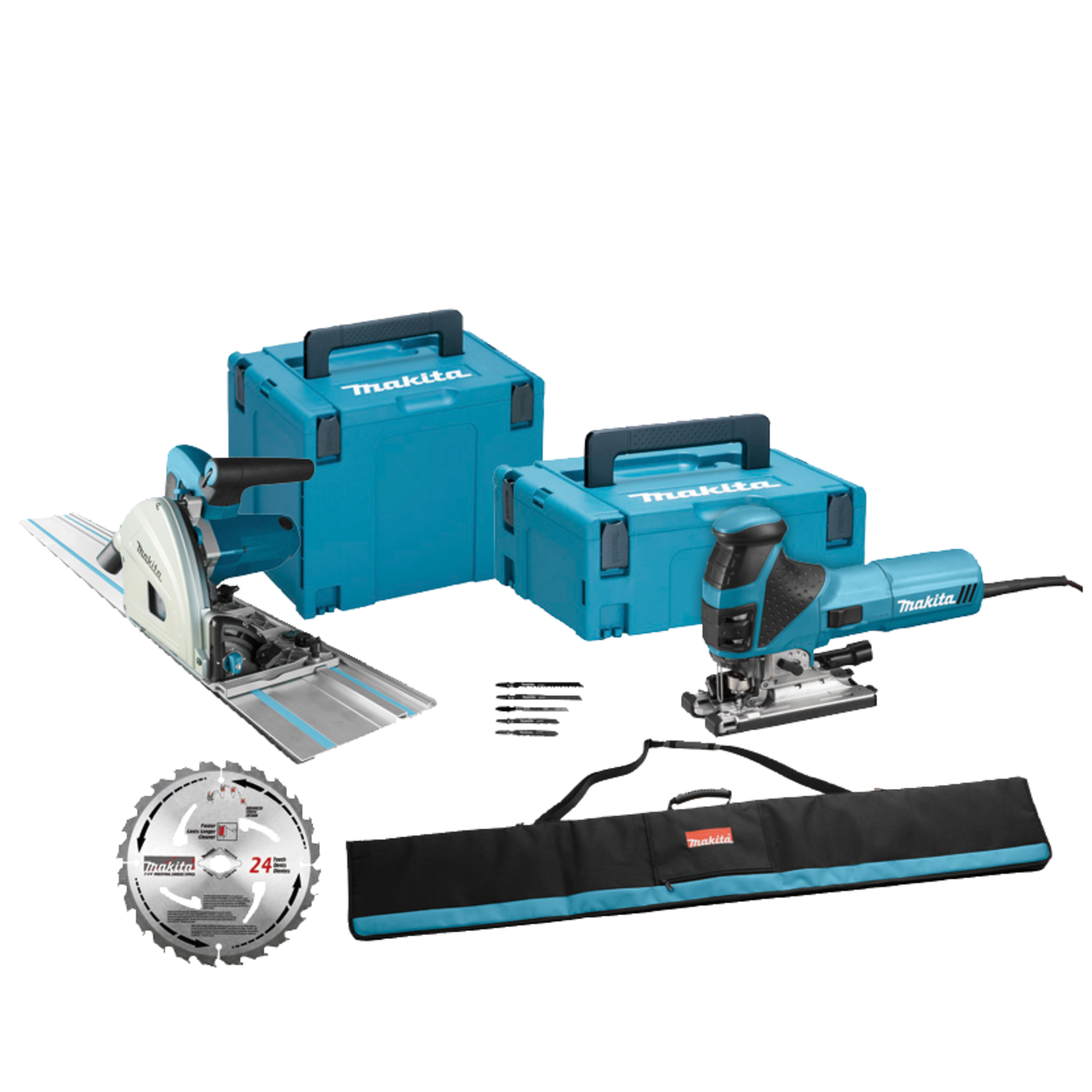 Makita meu029j combipack scie plongeante + scie sauteuse sp6000j + 4351fctj + rail + systainers