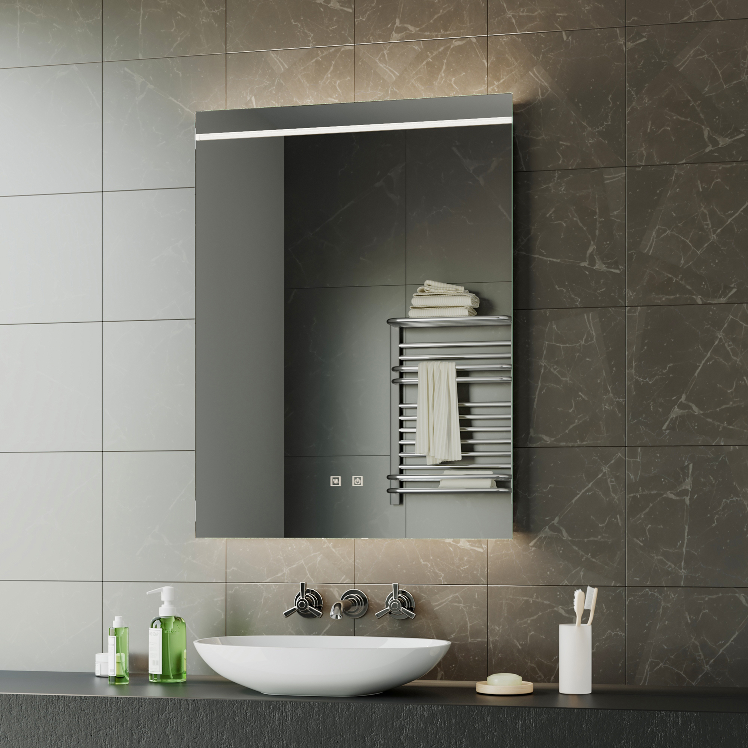 Spiegel 1600x750 led boven+kelvinch.+verwarming