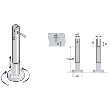 Pba 500-inox sat. pied reglable 130-170mm verre 13 mm