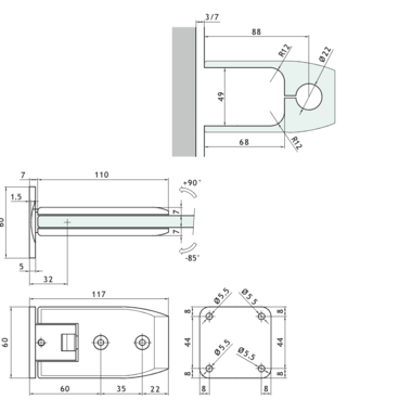 Charnière mur/verre centrale réglable, pour verres 8/12, B110 H60