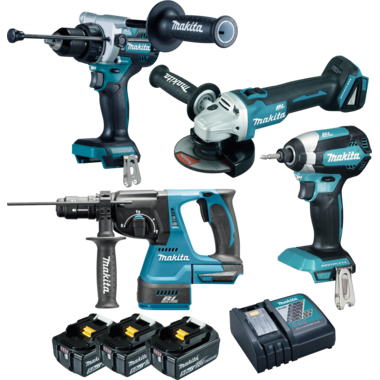 Makita combopack lxt 18v 4 machines dhp486+dga506+dhr243+dtd153+3xbl1850b+1dc18rc