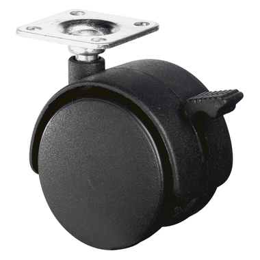 Dubbel wiel met rem 50mm zwart met plaat