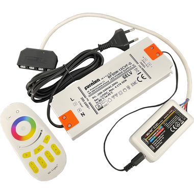Led RGB transfo 50W+radiocontr. nieuw+4x verdeler*
