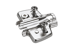 Plaque de montage cruciforme avec réglage en hauteur direct, nickelée, Rangée de perçages 37 X 32 mm, avec vis pour panneaux à particules (pour perçages de ø 2,5 mm), distance 1.5 mm