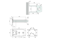Verstelbare centrale scharnier wand/glas, voor 8/12 mm glas, B110 H60, geborsteld rvs effect