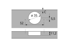 Intermat scharnier voor hoekkastvouwdeuren veerloos (Intermat 9930), opliggend, Openingshoek 50° / 65°, TH-boorbeeld 52 x 5,5 mm, voor schroefbevestiging (-)