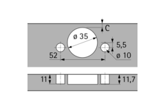 Charnière Intermat 110° (Intermat 9943), en applique, Angle d'ouverture  110°, TH-schéma de perçage 52 x 5,5 mm, à enfoncer (ø 10 x 11)