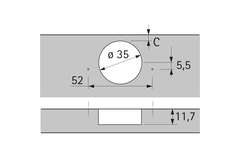 Sensys groothoekscharnier, zonder insprong, met geïntegreerde demping (Sensys 8657i), in obsidiaanzwart, opliggend, openingshoek 165°, TH-boorbeeld 52 x 5,5 mm, voor schroefbevestiging (-)