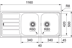 Flash - Inbouwspoeltafel / 1160 x 500 mm / 2 bakken / Glad / Omkeerbaar