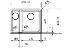 Maris - Vlakbouwspoeltafel / 553 x 433 mm / 2 bakken / Grote bak rechts / Zwart Mat