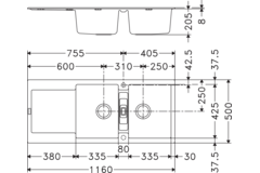 Maris - Inbouwspoeltafel / 1160 x 500 mm / 2 bakken / Metaal wit / Omkeerbaar